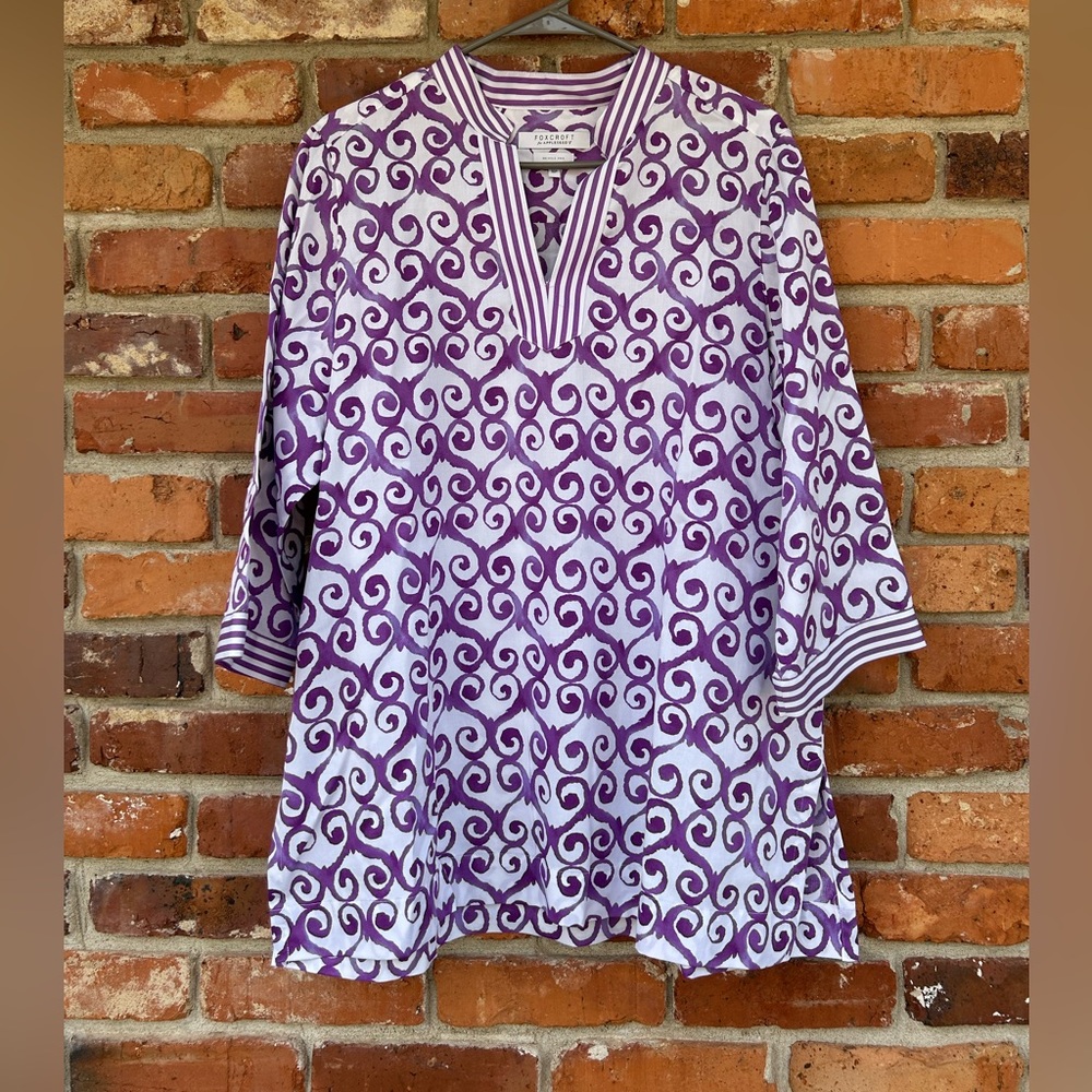 Foxcroft for Appleseeds Purple White 100% Cotton Tunic Blouse 3/4 Sleeve 16P